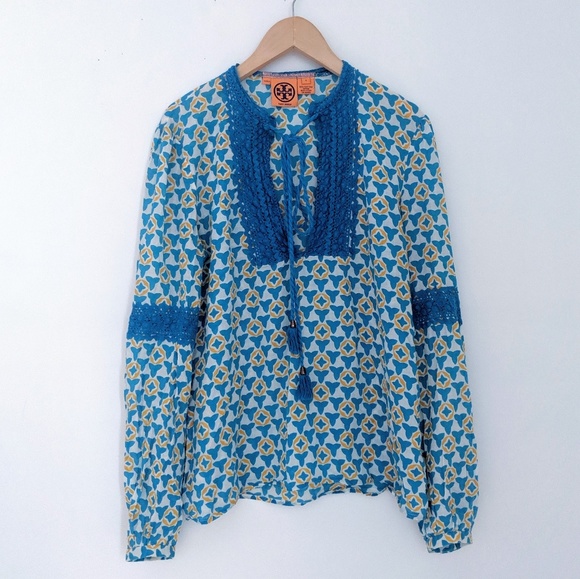 Tory Burch Tops - Tory Burch Boho Blue & Yellow Long Sleeve Shirt